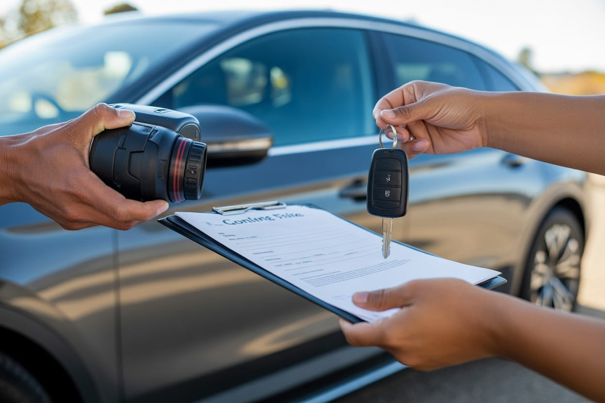 Privatperson fotografiert Fahrzeug für Inserat und übergibt Autoschlüssel nach Vertragsunterzeichnung