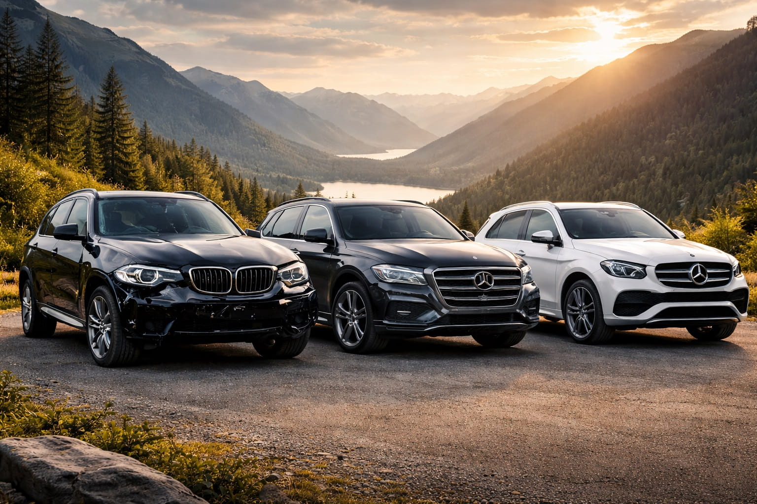 BMW, Audi und Mercedes SUVs stehen nebeneinander vor einer Berglandschaft und zeigen typische Premiumfahrzeuge mit hoher Wertstabilität.