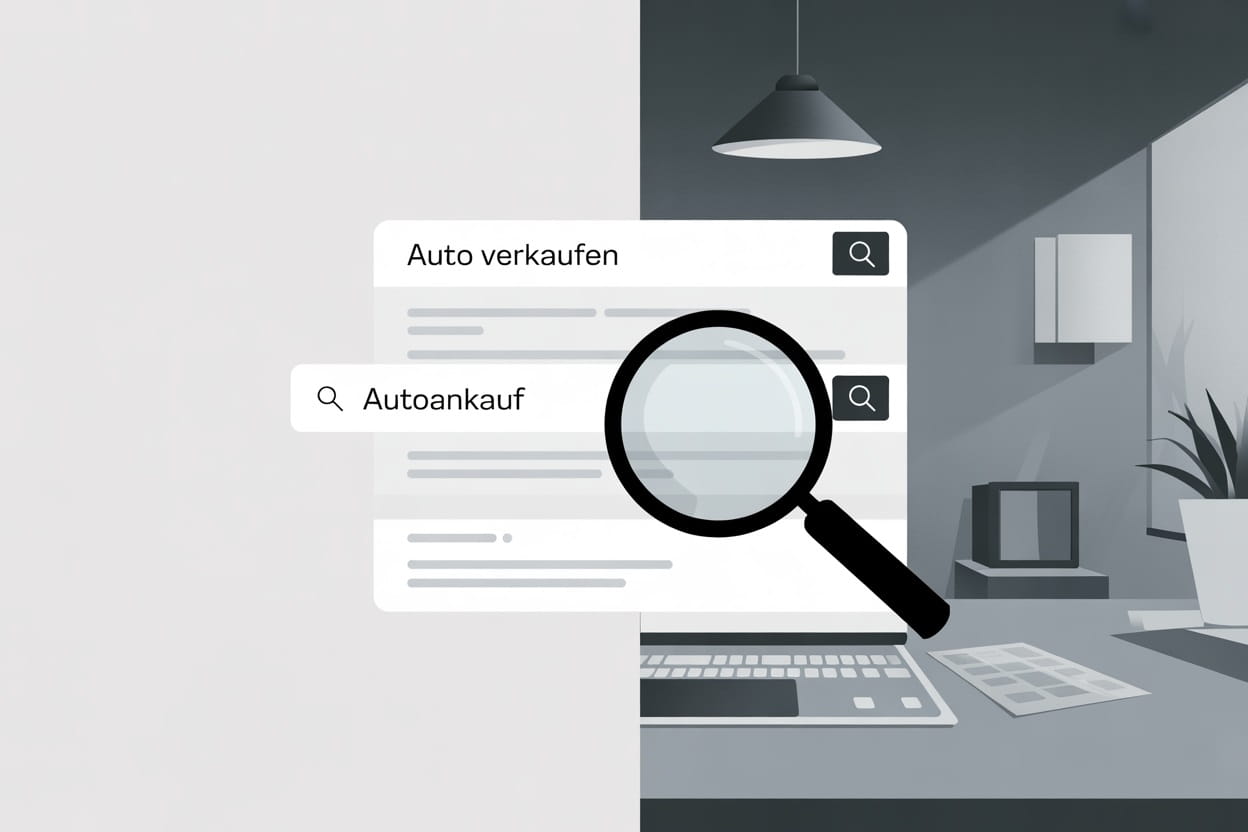 Person recherchiert Autoankauf und Auto verkaufen in einer Suchmaschine auf einem Laptop