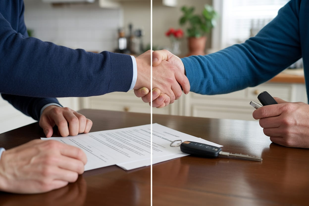 Vergleich von Privatverkauf und gewerblichem Autoankauf mit Fokus auf Vertragsunterzeichnung und rechtliche Aspekte