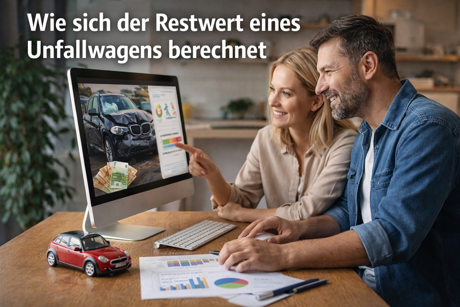 Mann und Frau sitzen am Esstisch vor einem Computer und berechnen den Restwert eines Unfallwagens, ein Mini-Auto steht auf dem Tisch.