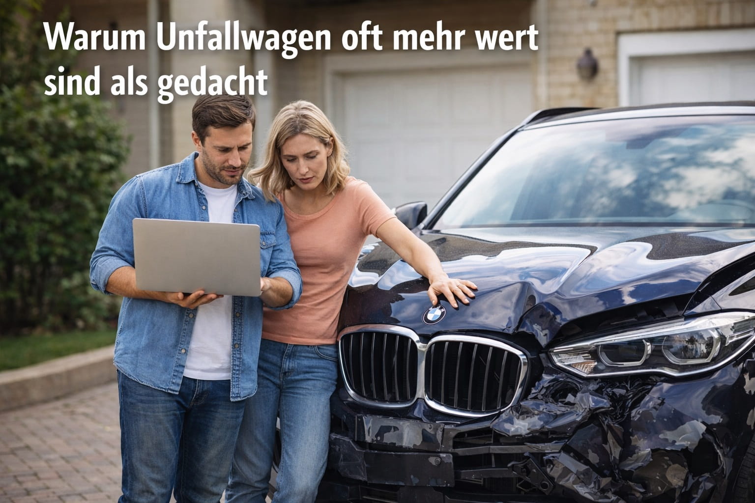 Mann mit Laptop und Frau begutachten beschädigtes SUV nach einem Unfall in einer Hauseinfahrt