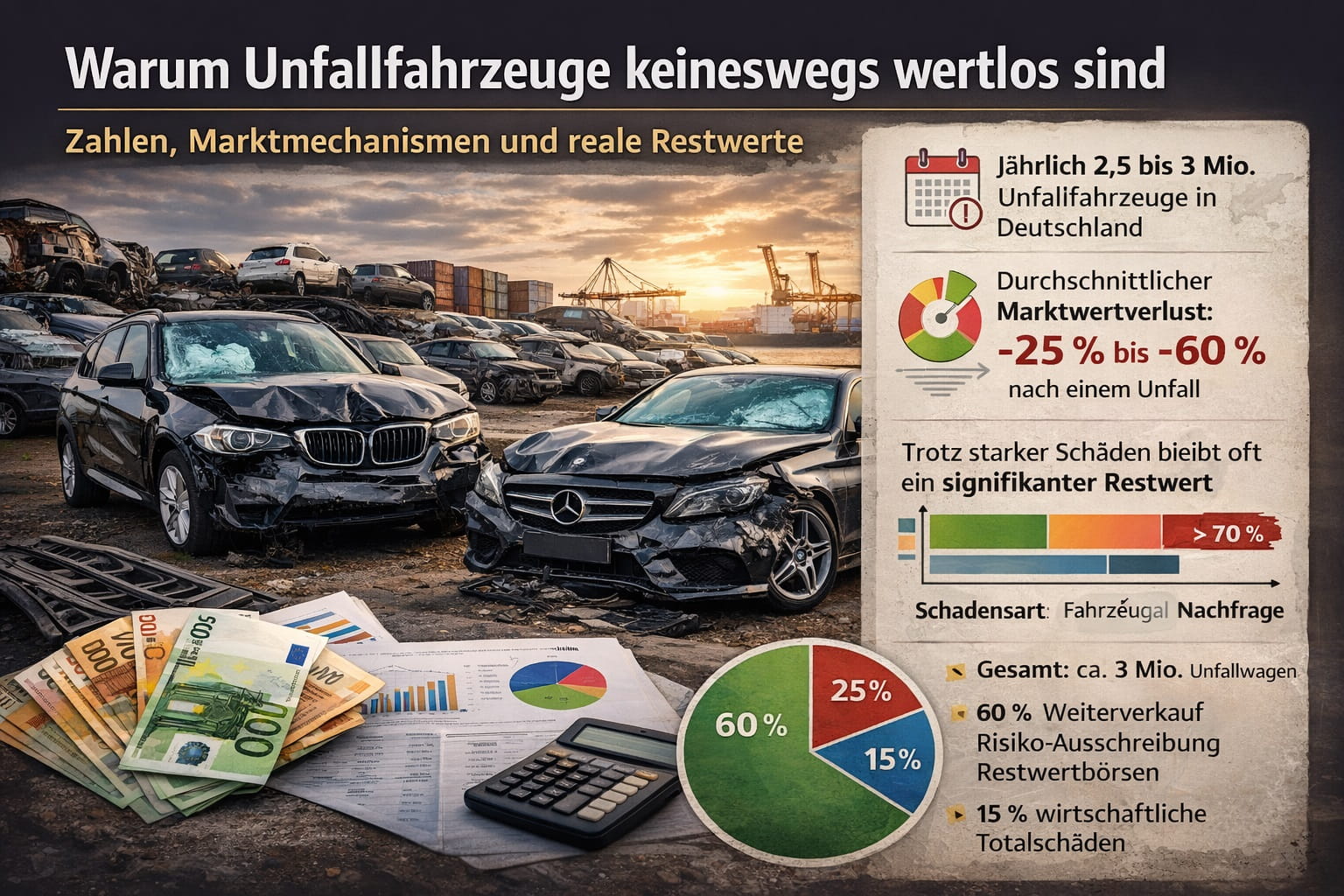 Infografik zeigt beschädigte Unfallautos und Statistiken zu Restwert, Wertverlust und Weiterverkauf nach einem Unfall.