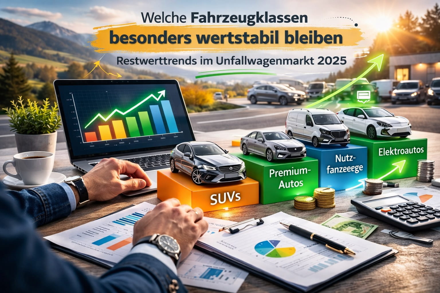 Person arbeitet am Laptop mit Miniaturautos auf dem Tisch zur Analyse von Unfallwagen Restwerten