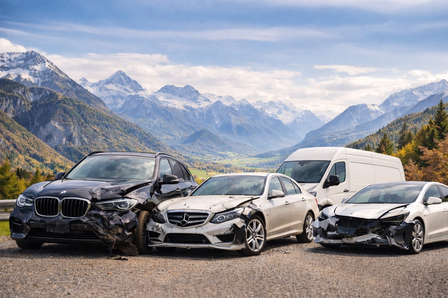 Mehrere beschädigte Unfallfahrzeuge wie SUV, Limousine und Transporter stehen vor einer Berglandschaft