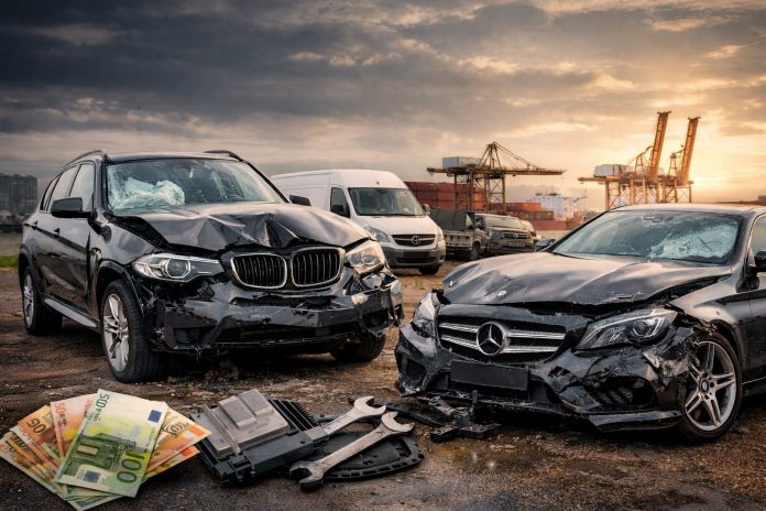 Stark beschädigte Unfallautos auf einem Autoverwertungsgelände mit sichtbaren Frontschäden.