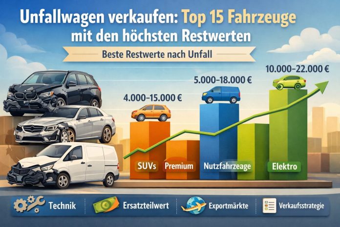 Diagramm zeigt die wertstabilsten Unfallfahrzeuge nach Fahrzeugklassen wie SUV, Premiumautos, Nutzfahrzeuge und Elektroautos