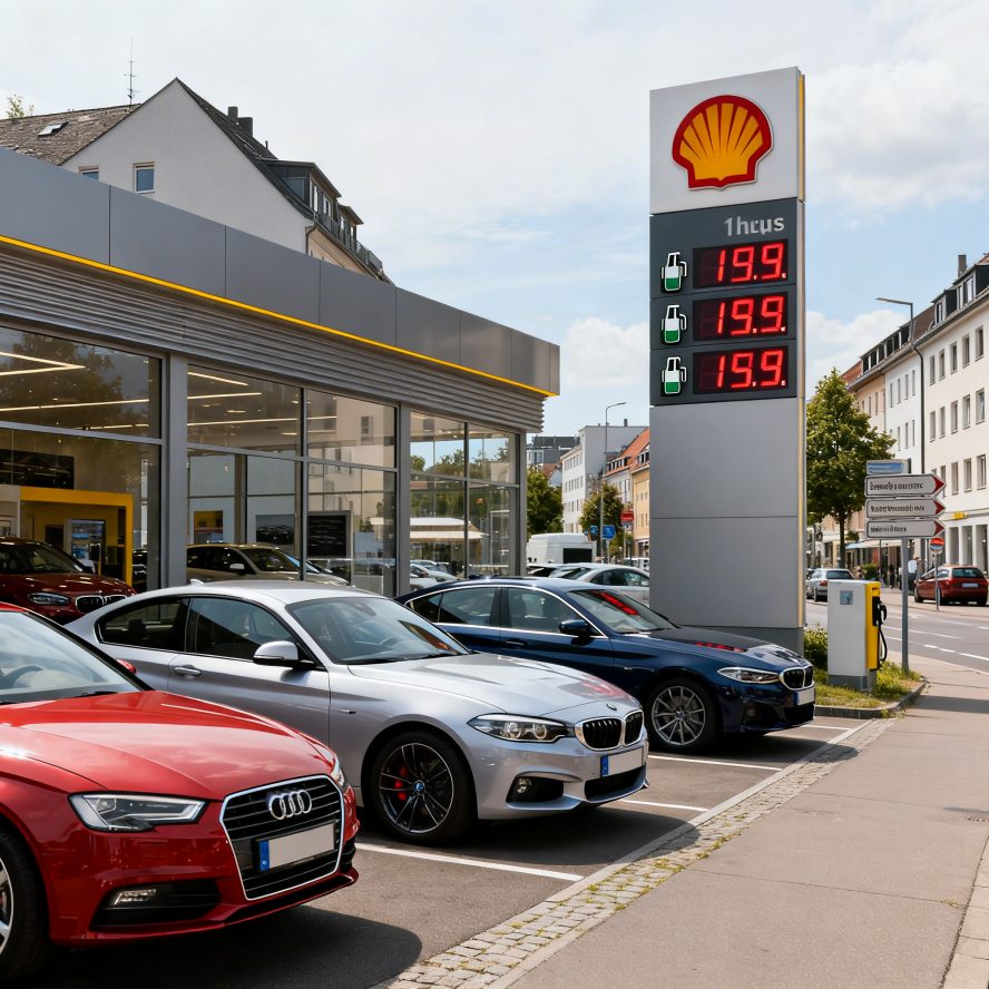 Autohändler in Dortmund und steigende Benzinpreise-Autohaus in Dortmund vor Tankstellenanzeige mit hohen Spritpreisen