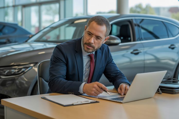 Professionelle Fahrzeugbewertung im Autoankauf-Händler analysiert Fahrzeugdaten vor dem Ankauf, Ein professioneller Autoankäufer prüft Fahrzeugunterlagen und Marktwerte im Rahmen einer strukturierten Ankaufbewertung.