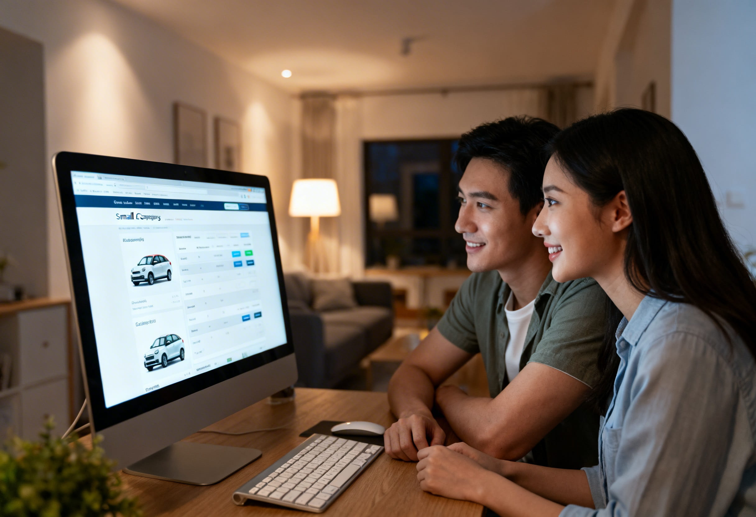 Paar recherchiert am Computer nach Tipps für ein sparsames Auto und vergleicht Kleinwagenmodelle online