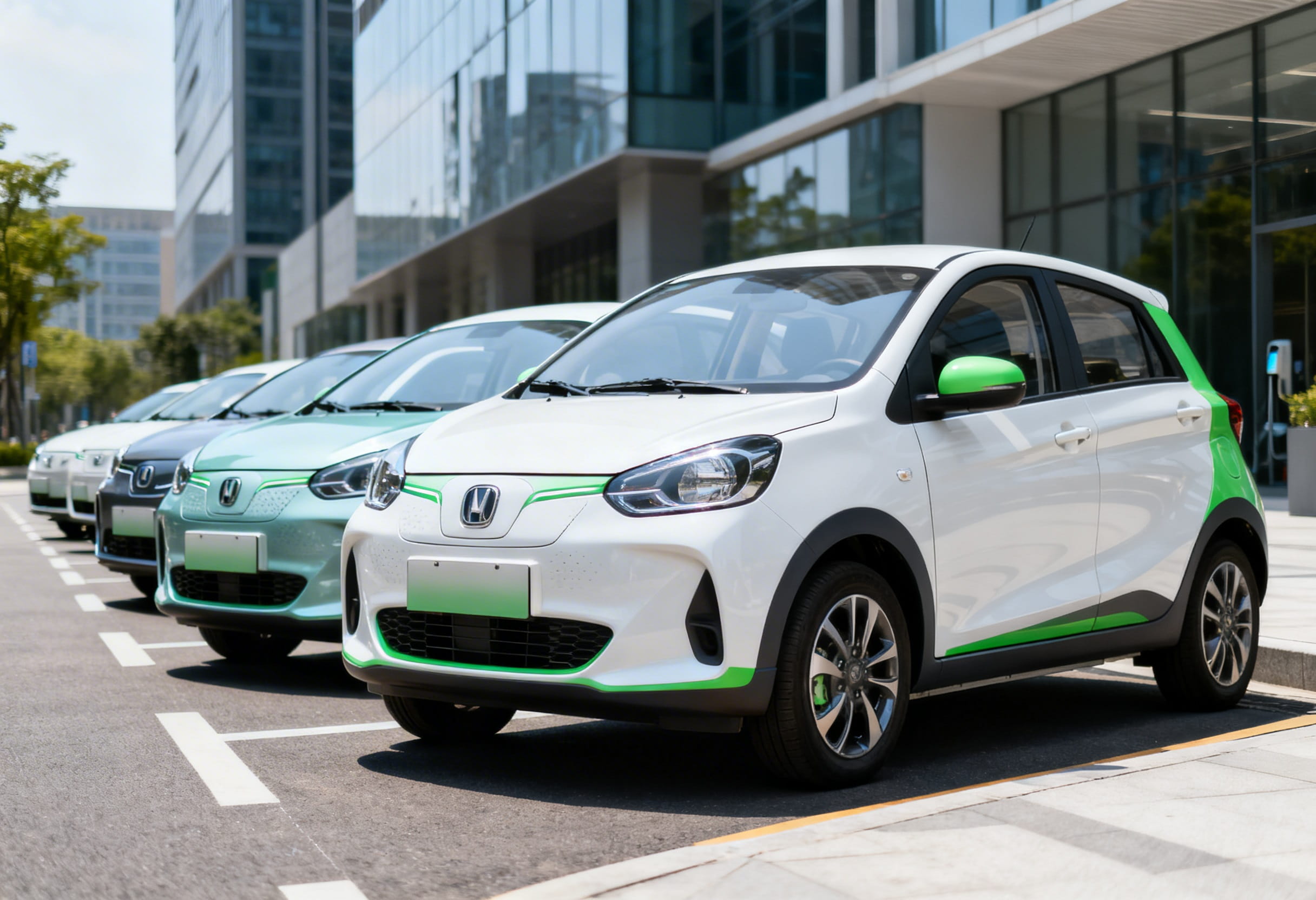 Mehrere moderne Kleinwagen und Hybridautos mit niedrigem Spritverbrauch im Vergleich