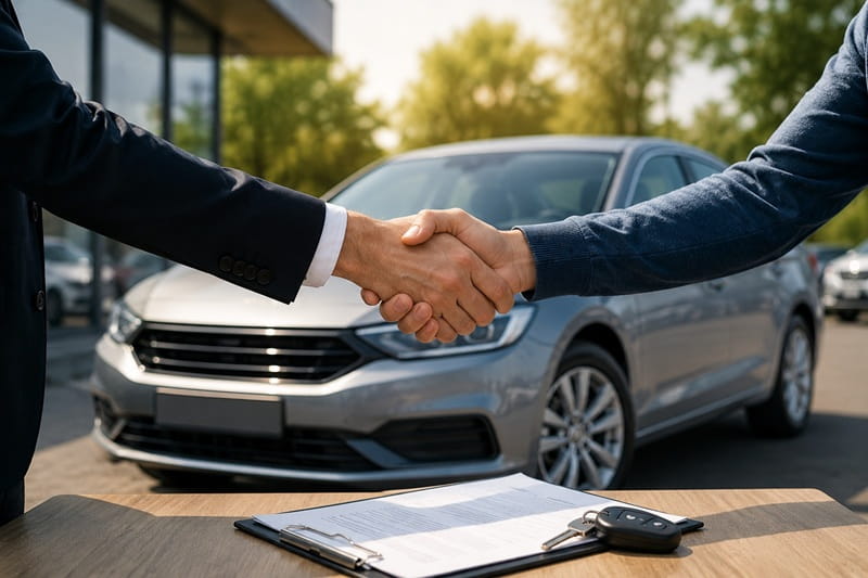 Autoverkäufer und Autoankäufer geben sich vor einem Fahrzeug die Hand, daneben liegen Kaufvertrag und Autoschlüssel.
