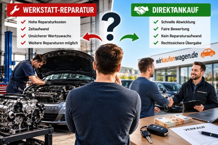 Auto mit Motorschaden verkaufen: Vergleich zwischen teurer Werkstatt-Reparatur und Direktankauf eines defekten Gebrauchtwagens.